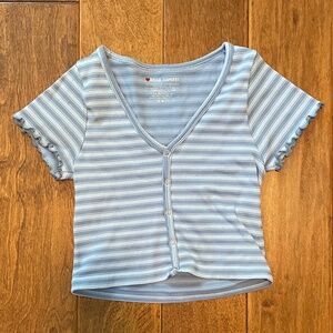Bella Seamless Blue Striped Lettuce Trim Crop Top